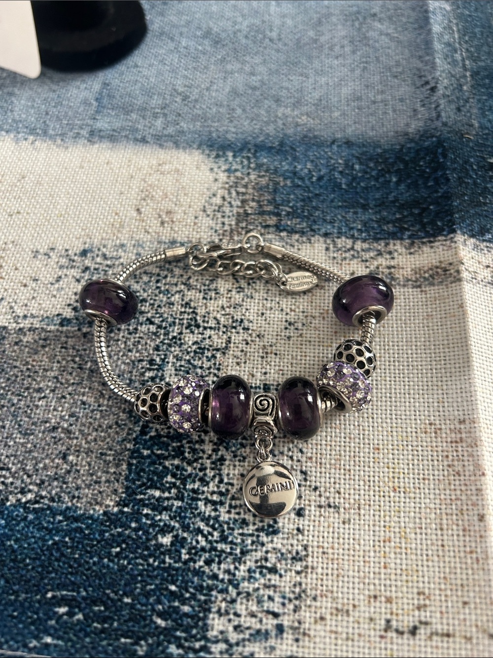 Gemini Charm Bracelet with Purple Glass Beads